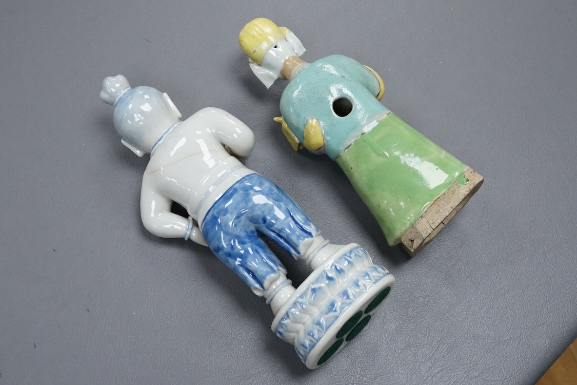 A Chinese enamelled porcelain figure of an immortal, Jiaqing period and a Japanese blue and white figure, tallest 20.5cm